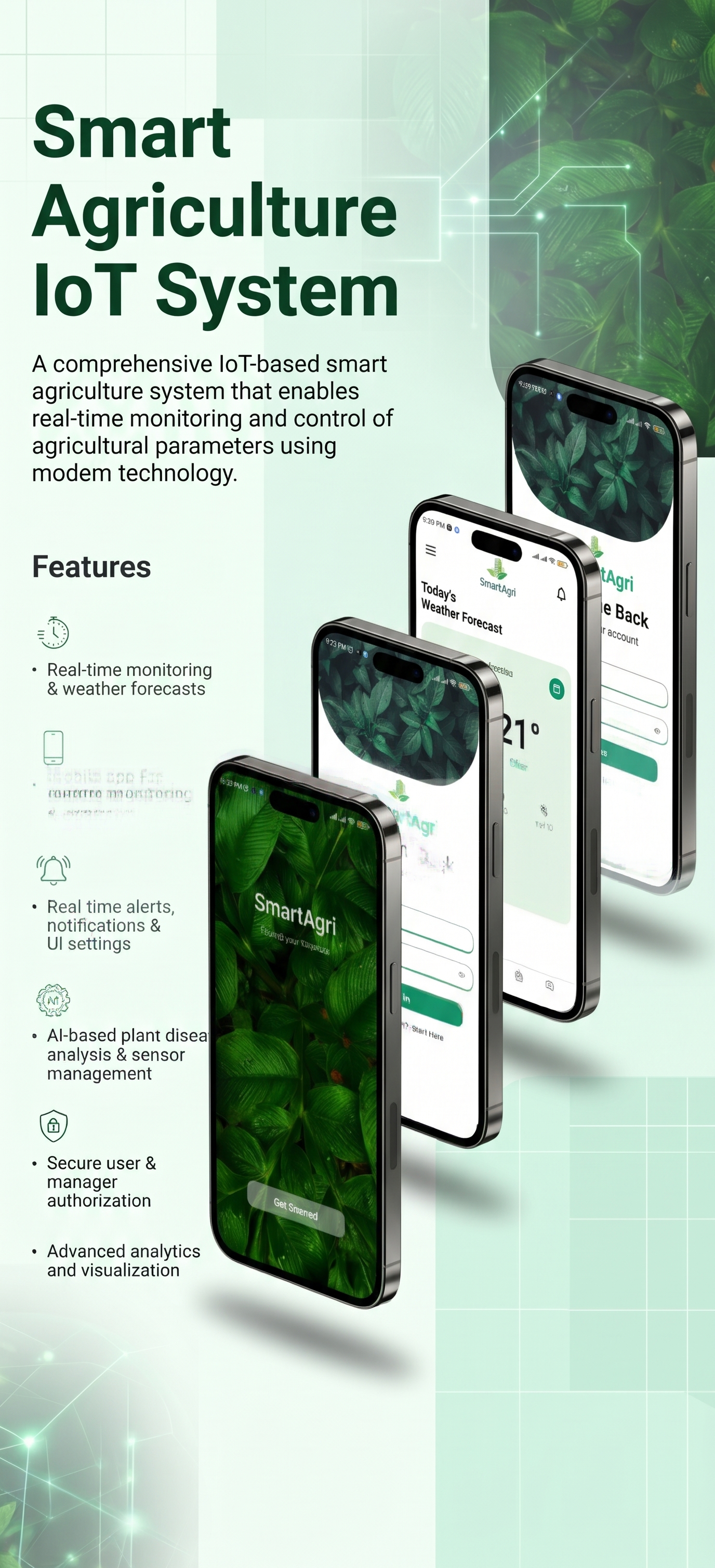 SmartAgri app promotional banner showing IoT farming features and mobile screens